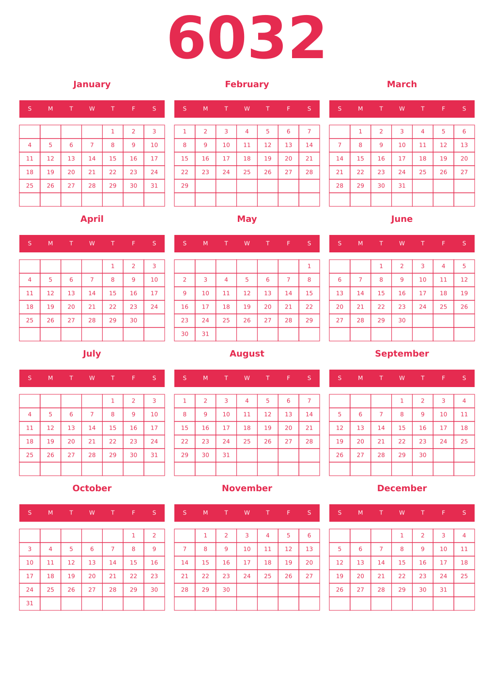 Printable 6032 Year Calendars amaranth