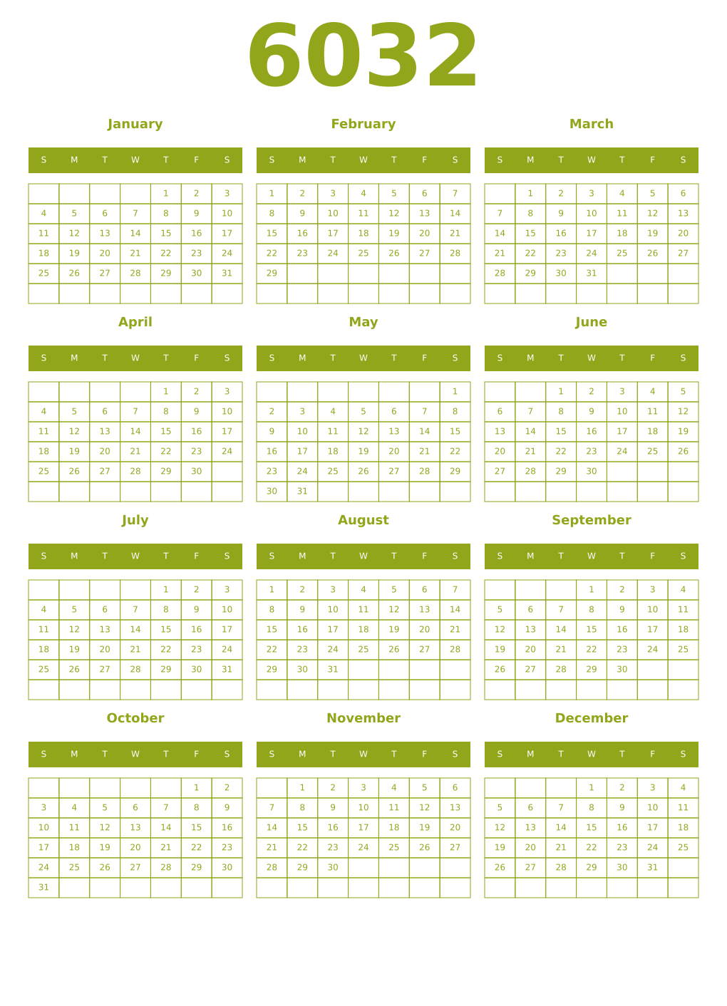 Printable 6032 Year Calendars chartreuse