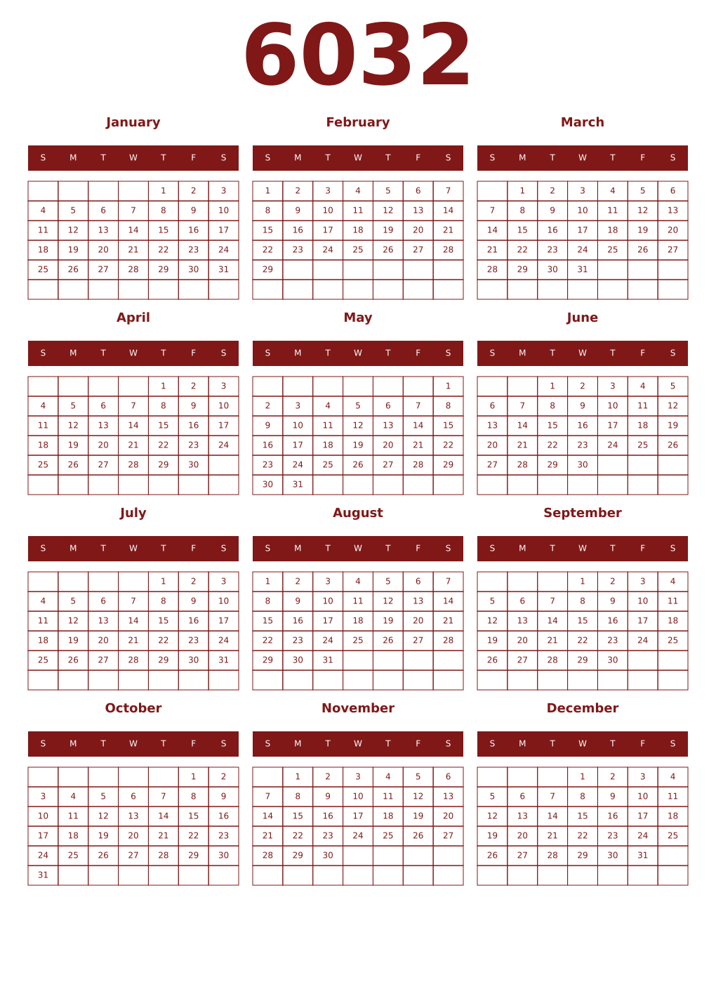 Printable 6032 Year Calendars falu