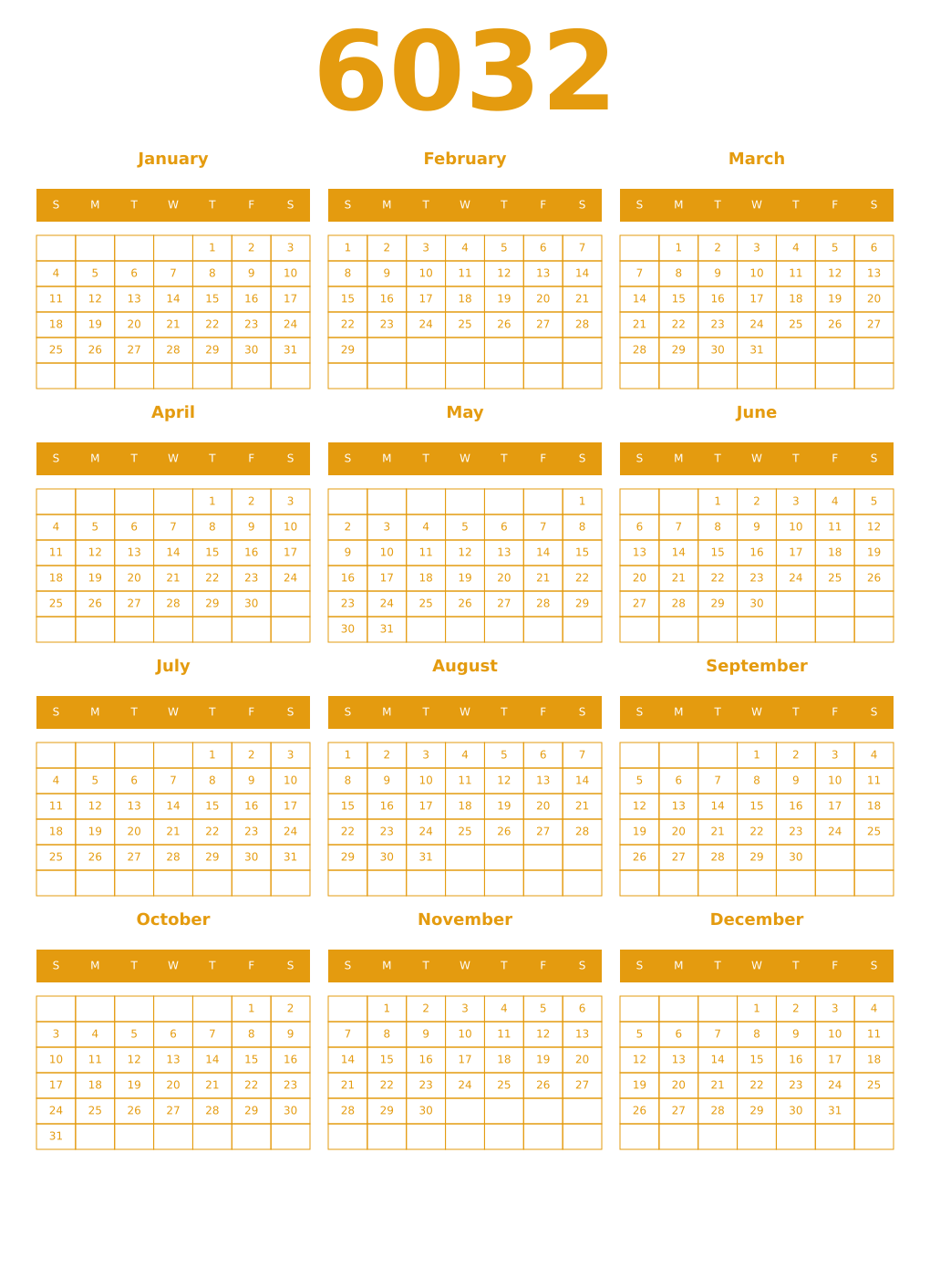 Printable 6032 Year Calendars gamboge