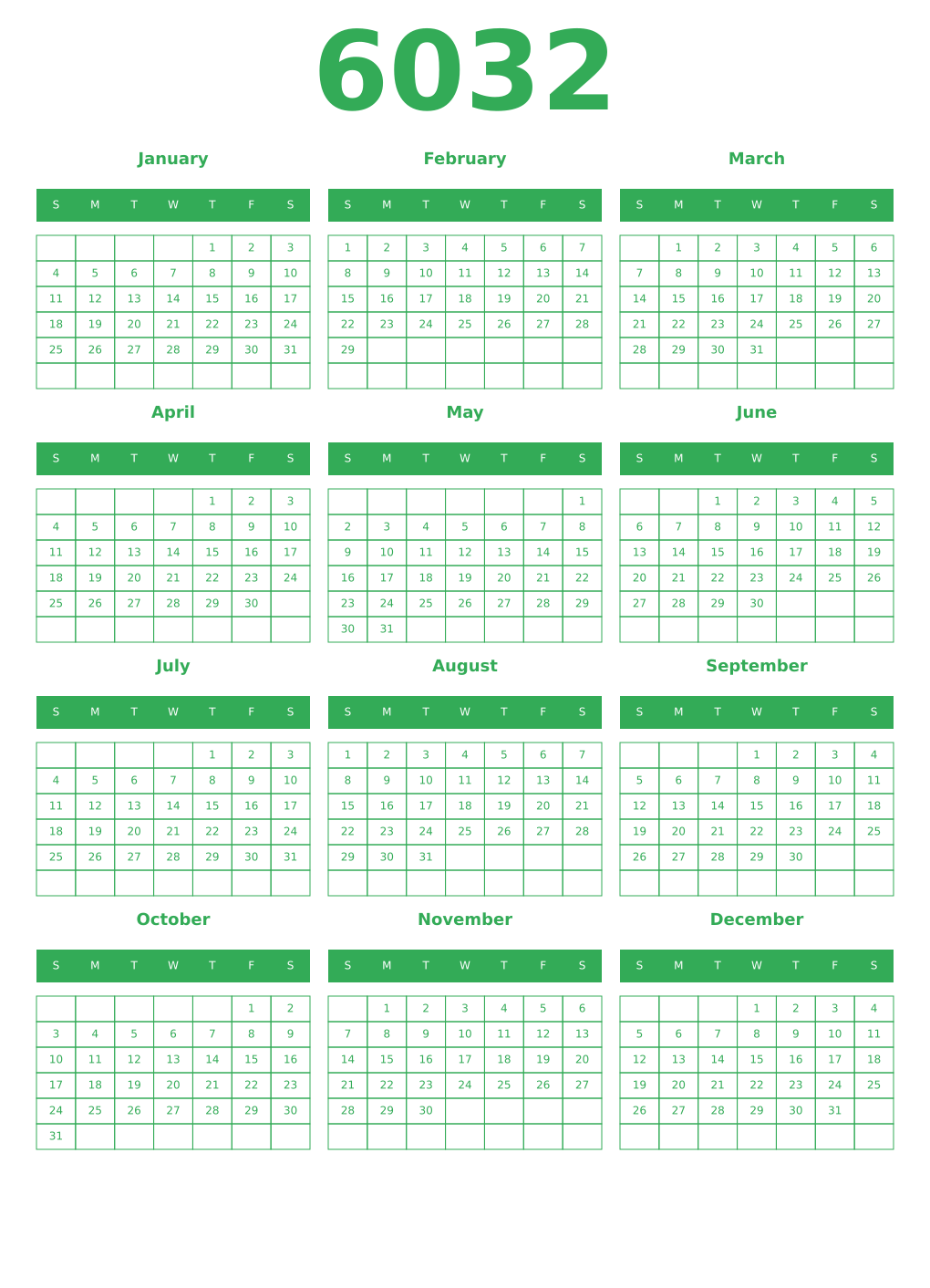 Printable 6032 Year Calendars green