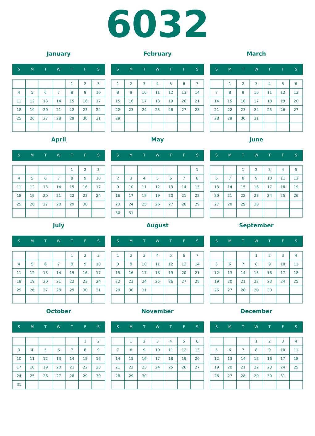 Printable 6032 Year Calendars pastel