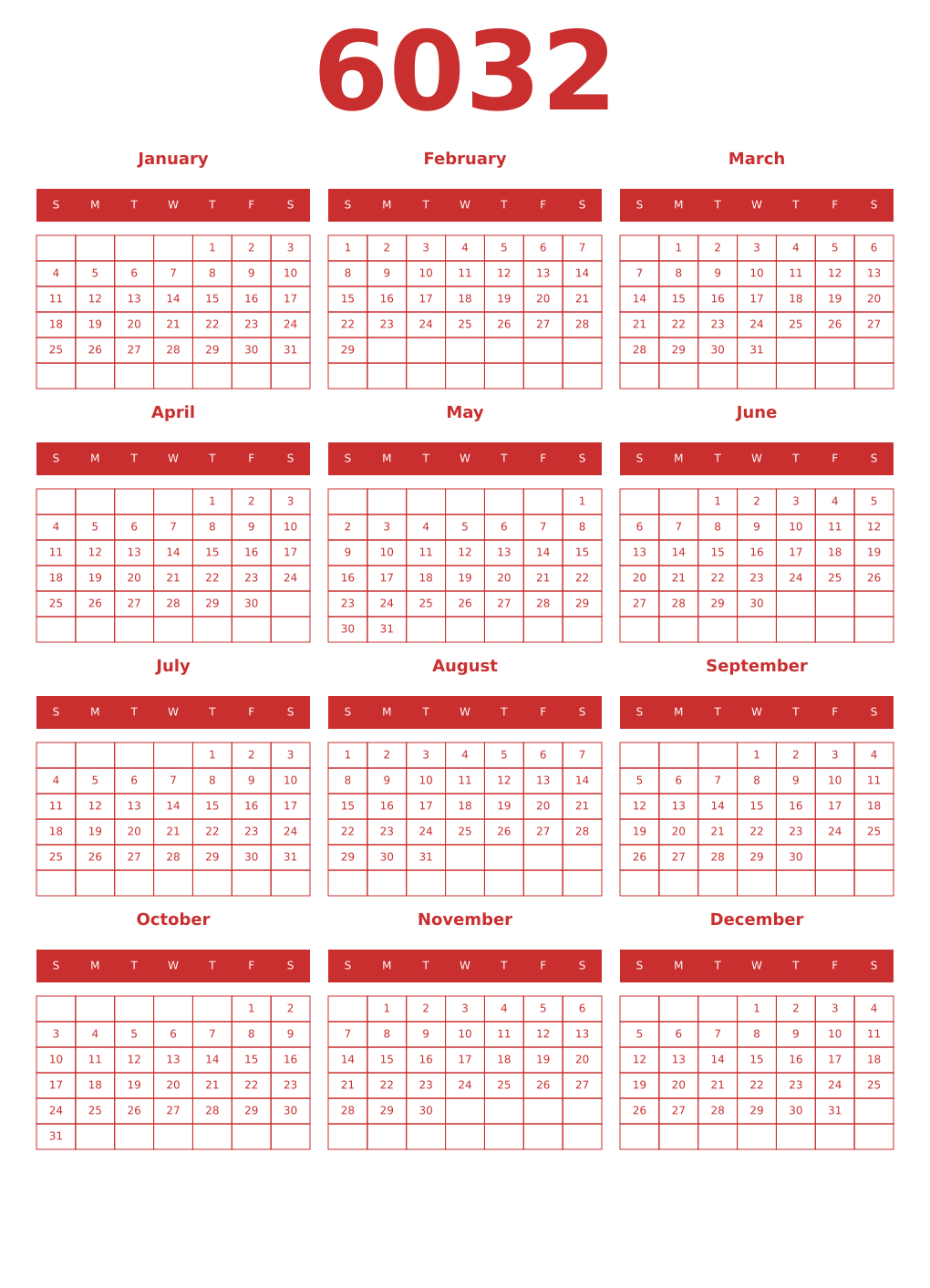 Printable 6032 Year Calendars red