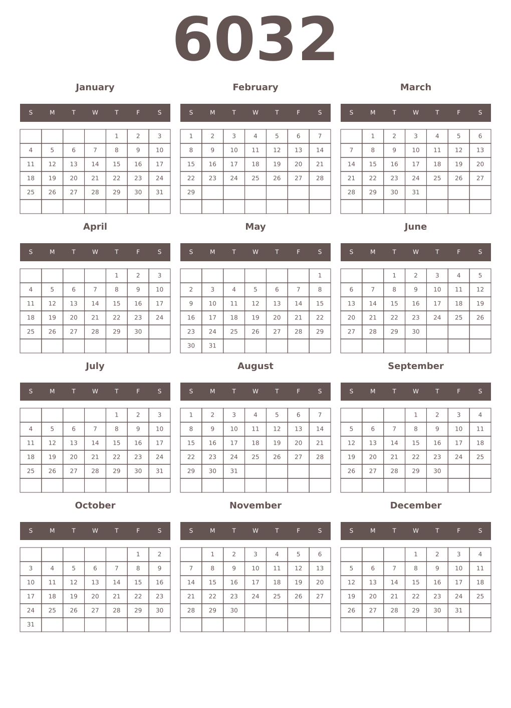 Printable 6032 Year Calendars wenge