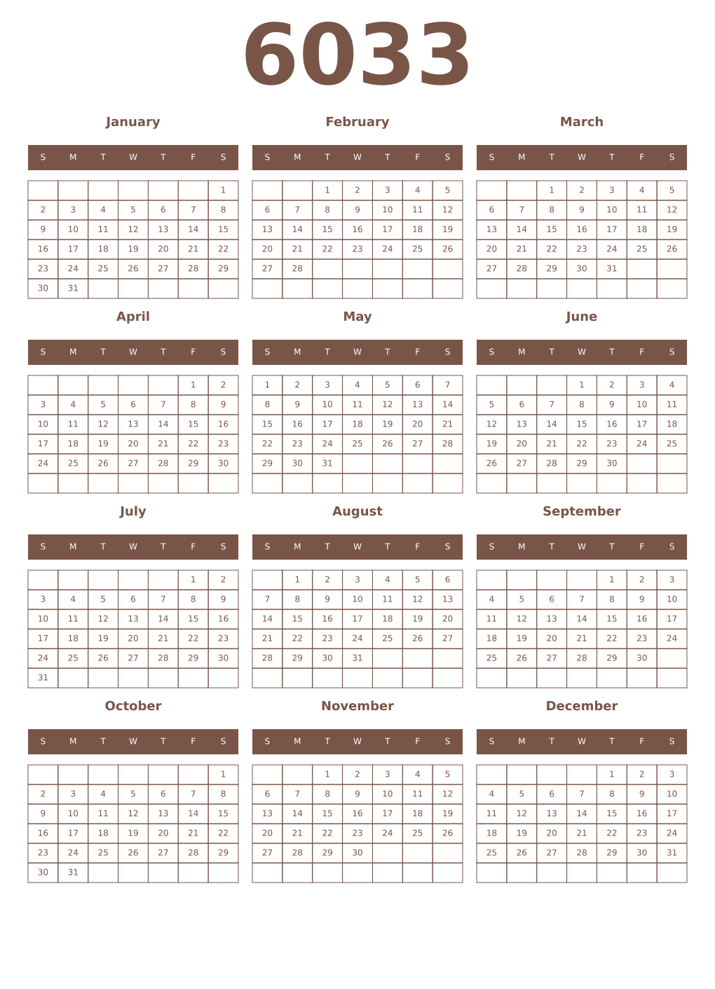 Printable 6033 Year Calendars coffe