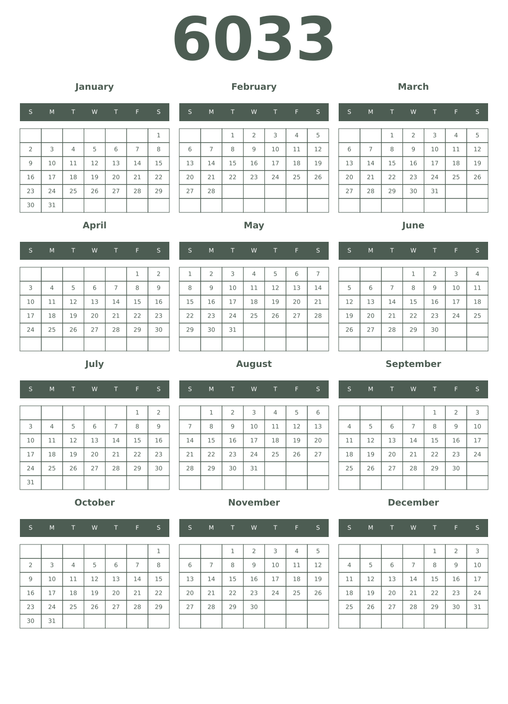 Printable 6033 Year Calendars feldgrau