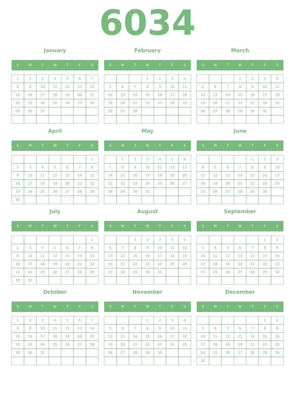 Printable 6034 Year Calendars celadon