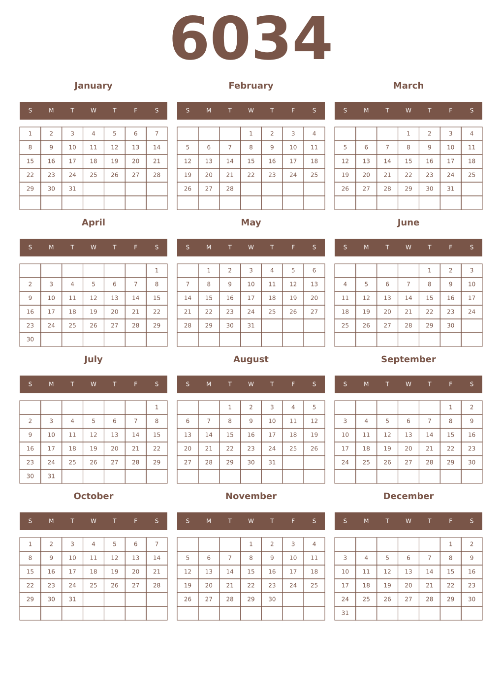 Printable 6034 Year Calendars coffe