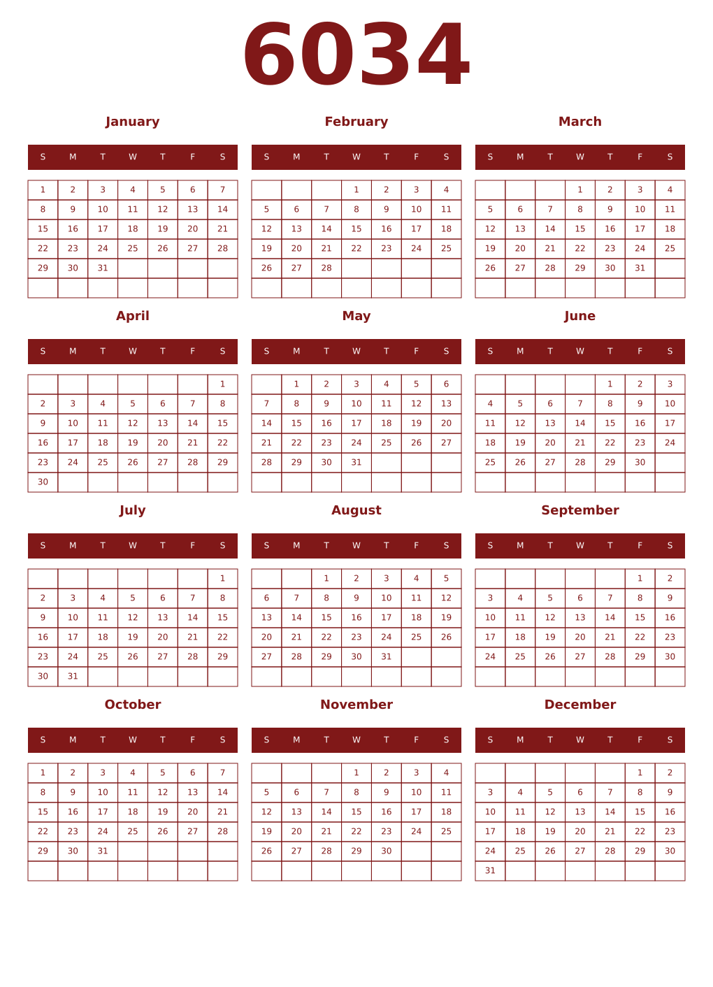 Printable 6034 Year Calendars falu