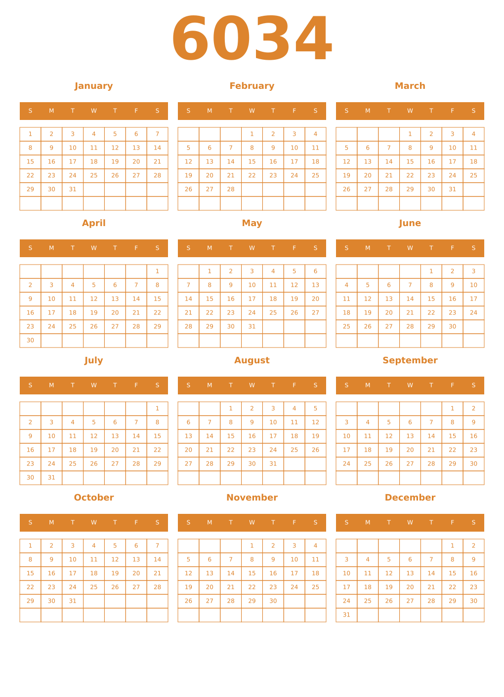 Printable 6034 Year Calendars orange
