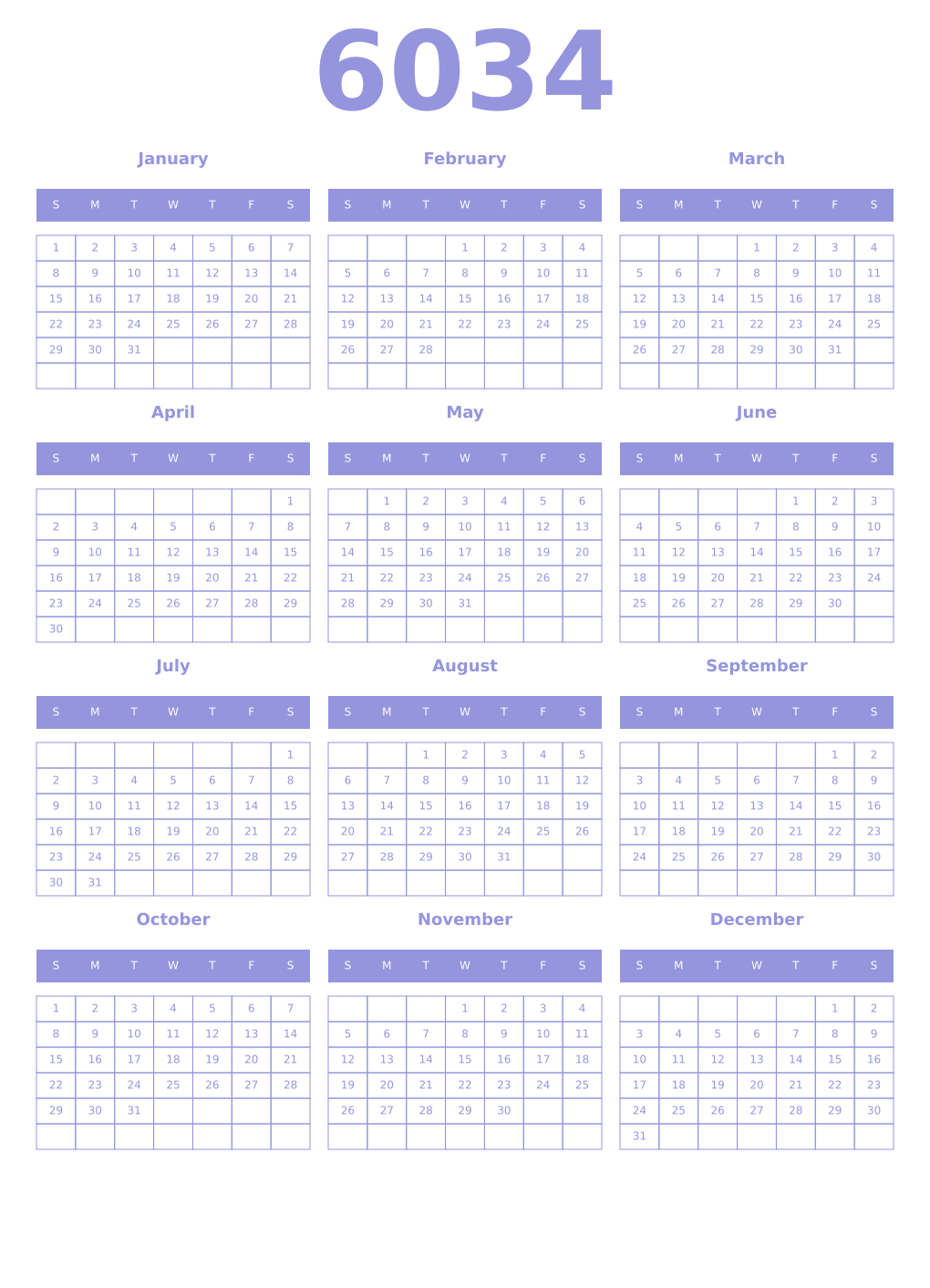 Printable 6034 Year Calendars periwinkle