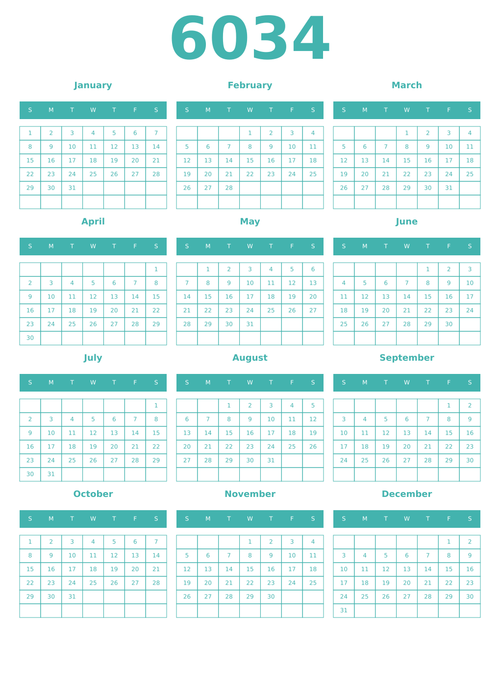 Printable 6034 Year Calendars verdigris