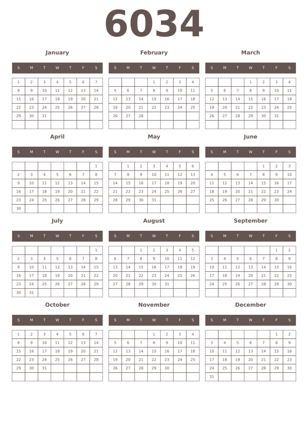 Printable 6034 Year Calendars wenge