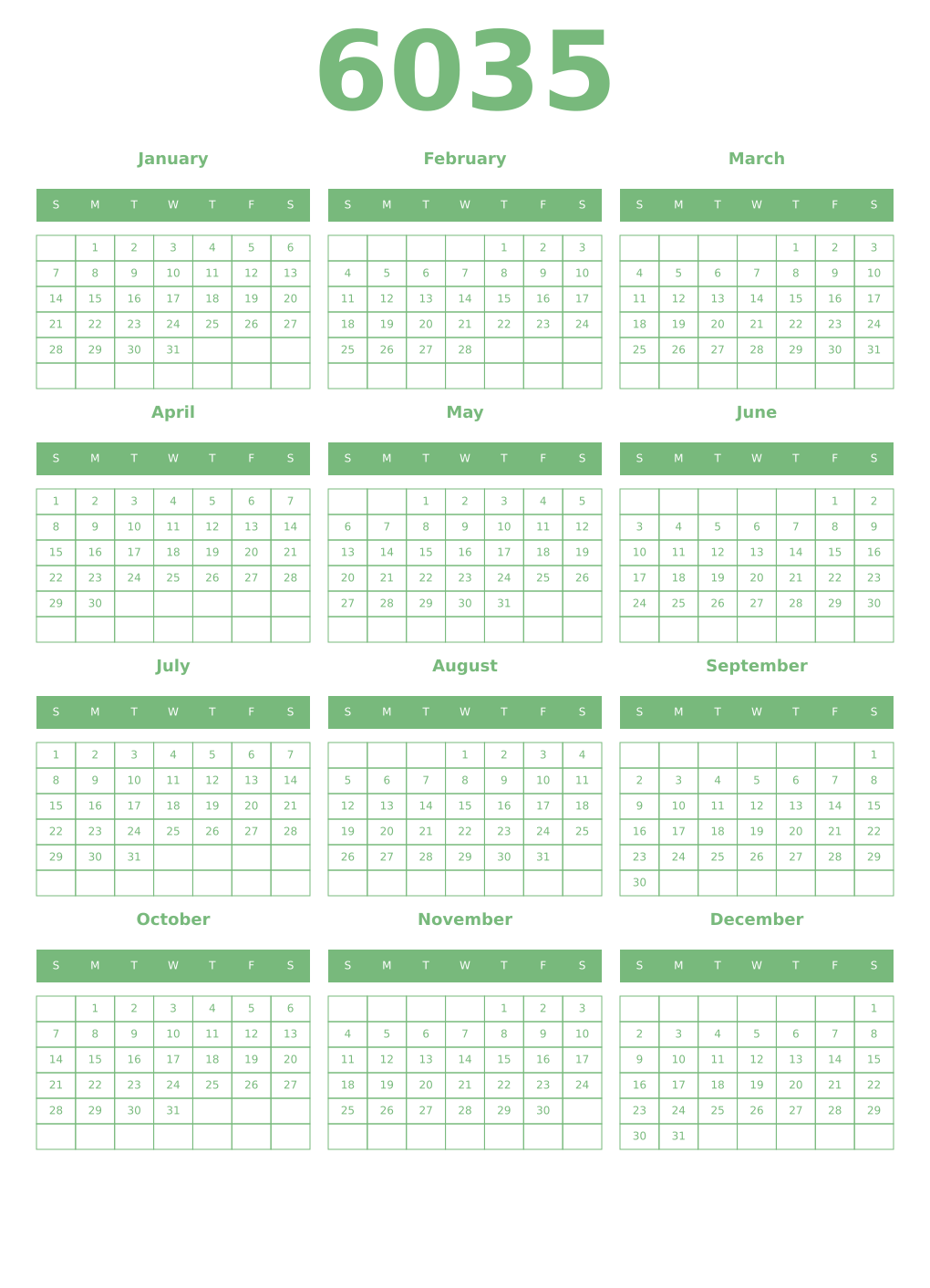 Printable 6035 Year Calendars celadon