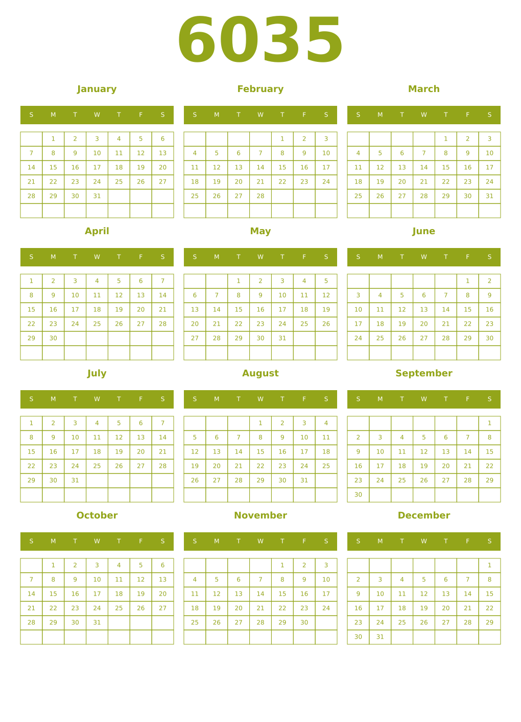Printable 6035 Year Calendars chartreuse