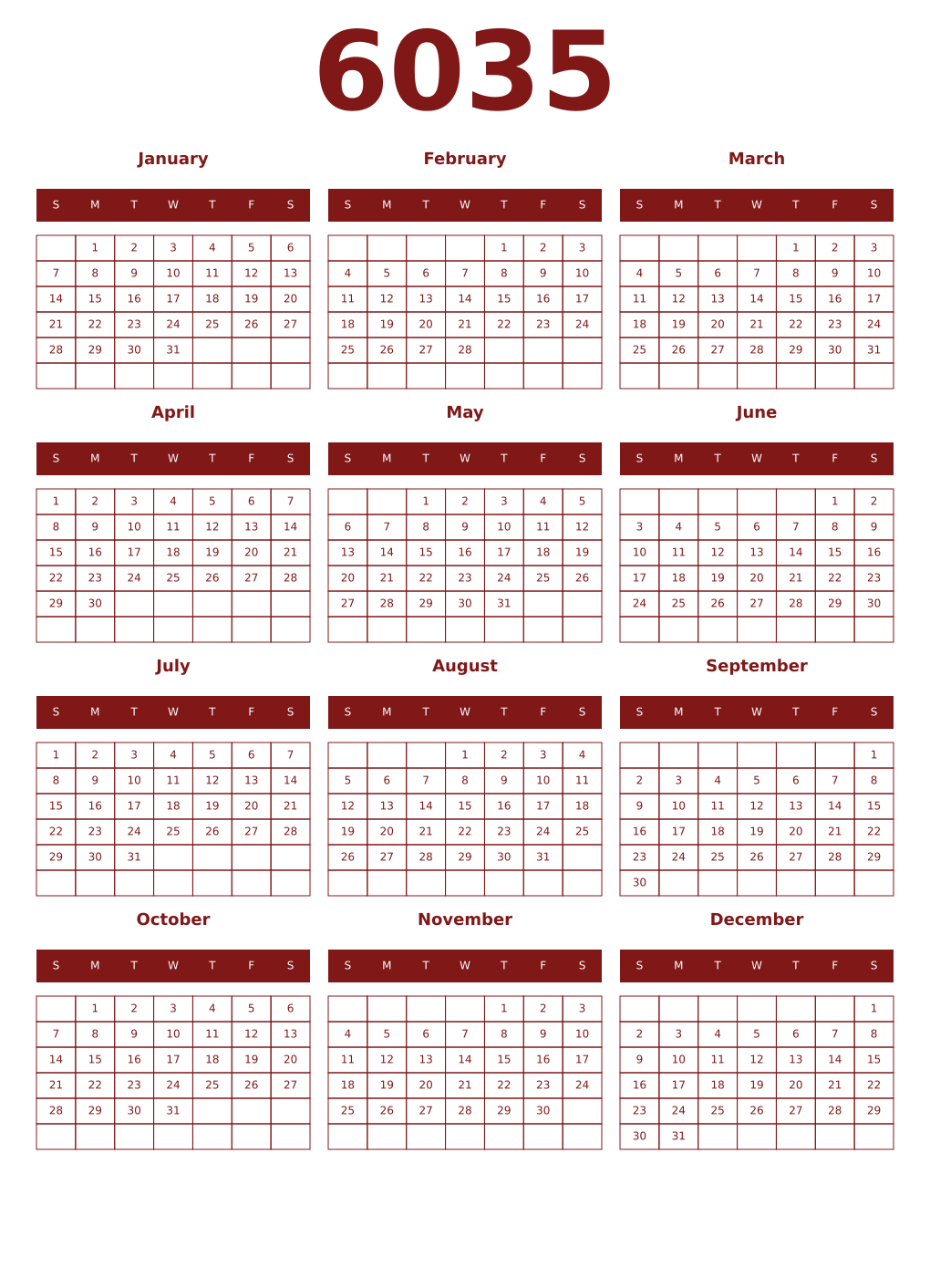 Printable 6035 Year Calendars falu