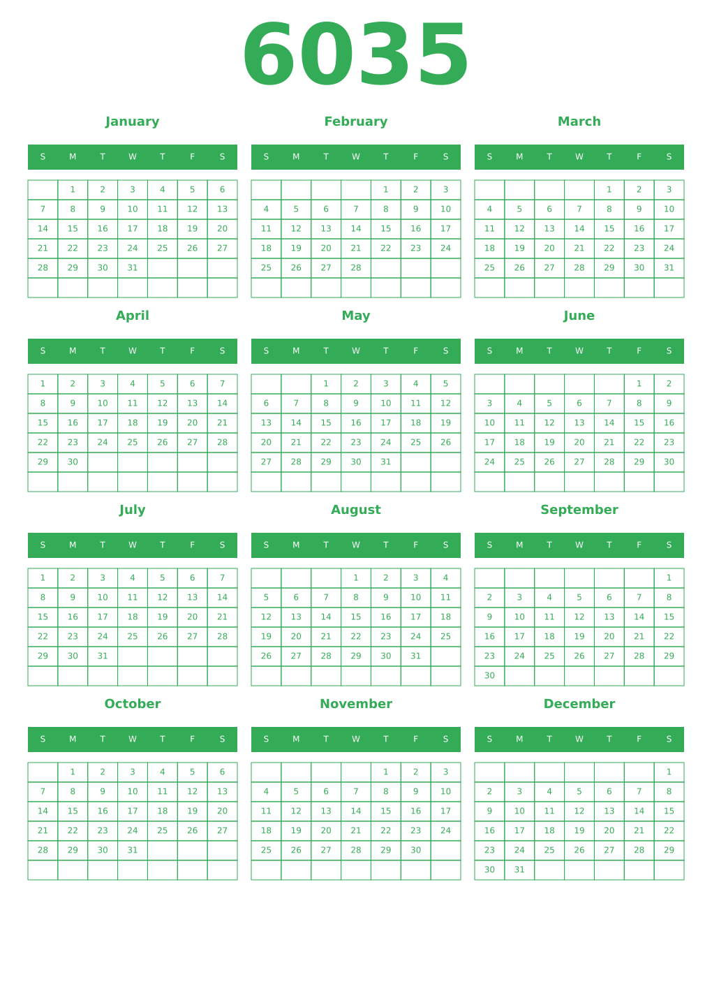 Printable 6035 Year Calendars green