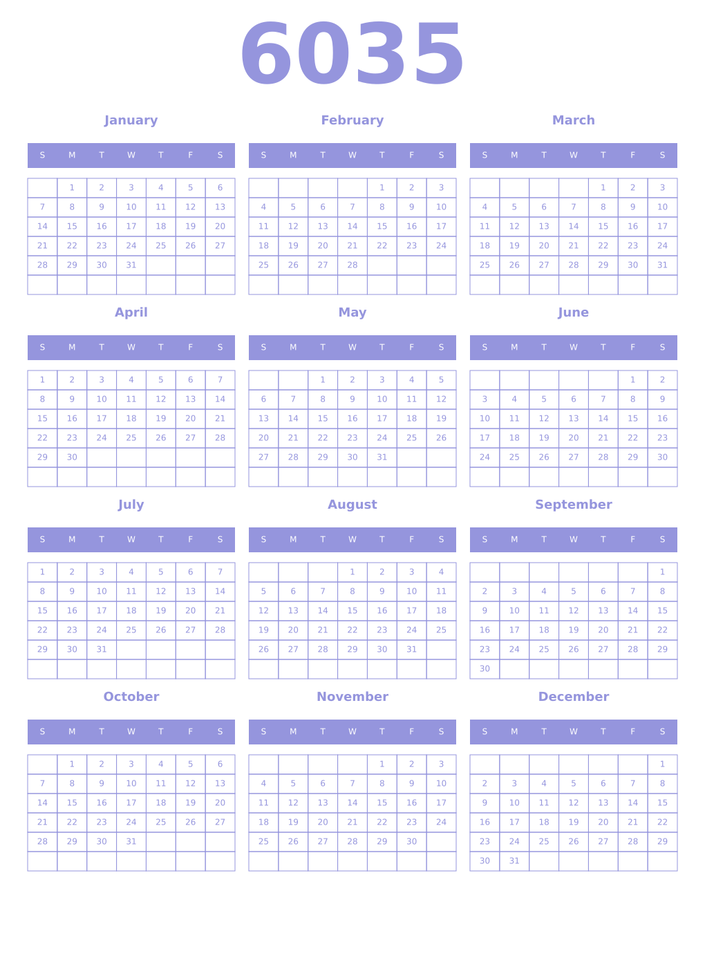 Printable 6035 Year Calendars periwinkle