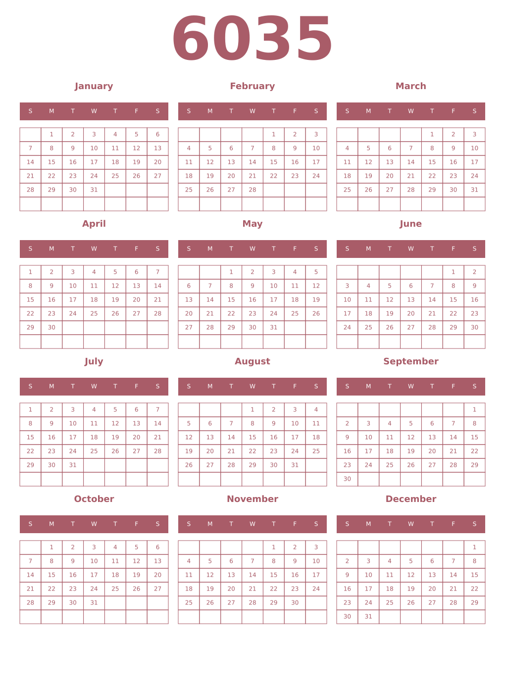 Printable 6035 Year Calendars puce