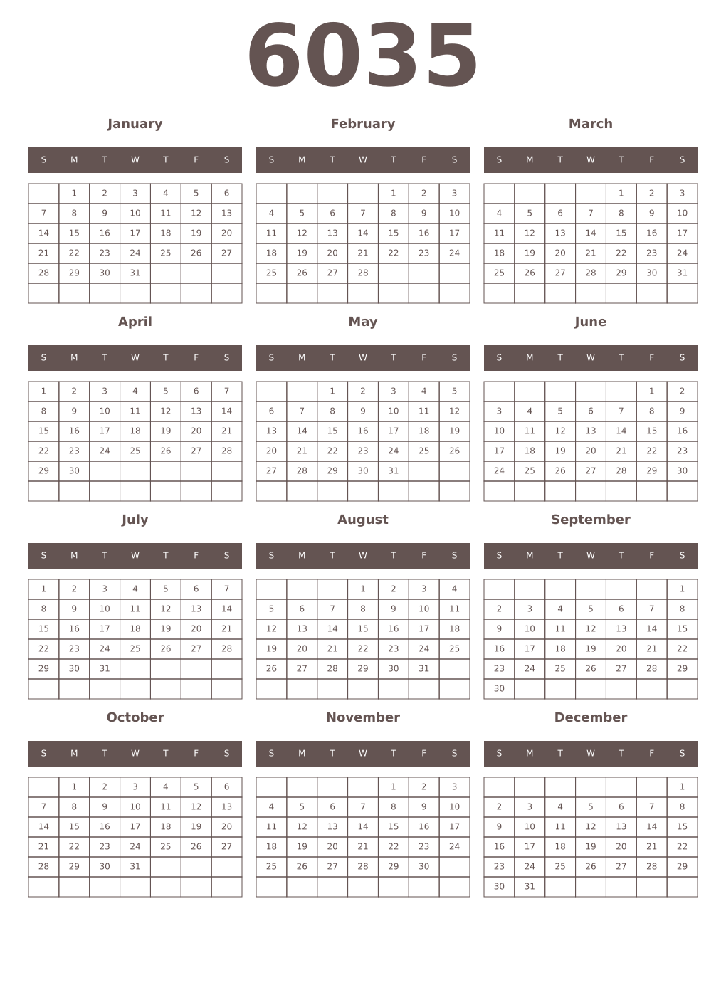 Printable 6035 Year Calendars wenge