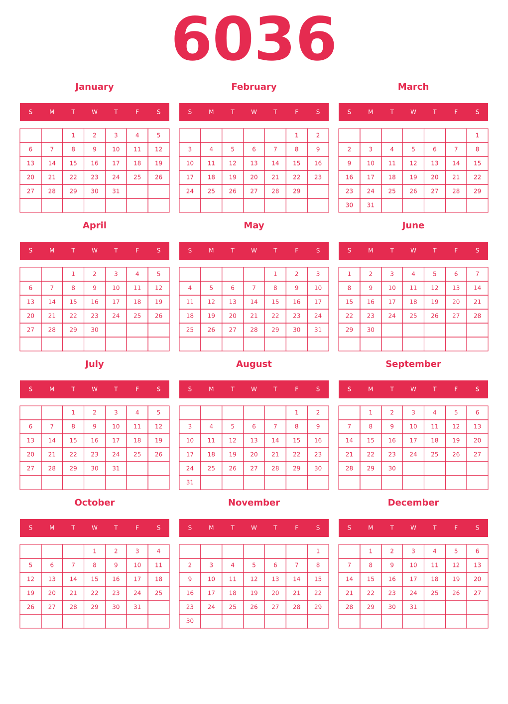 Printable 6036 Year Calendars amaranth