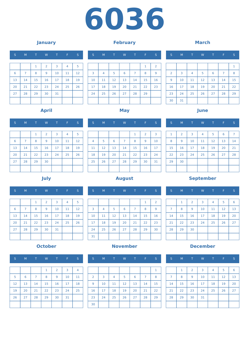 Printable 6036 Year Calendars blue