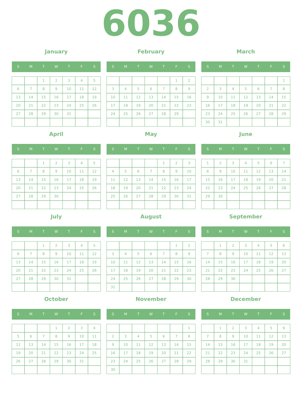 Printable 6036 Year Calendars celadon