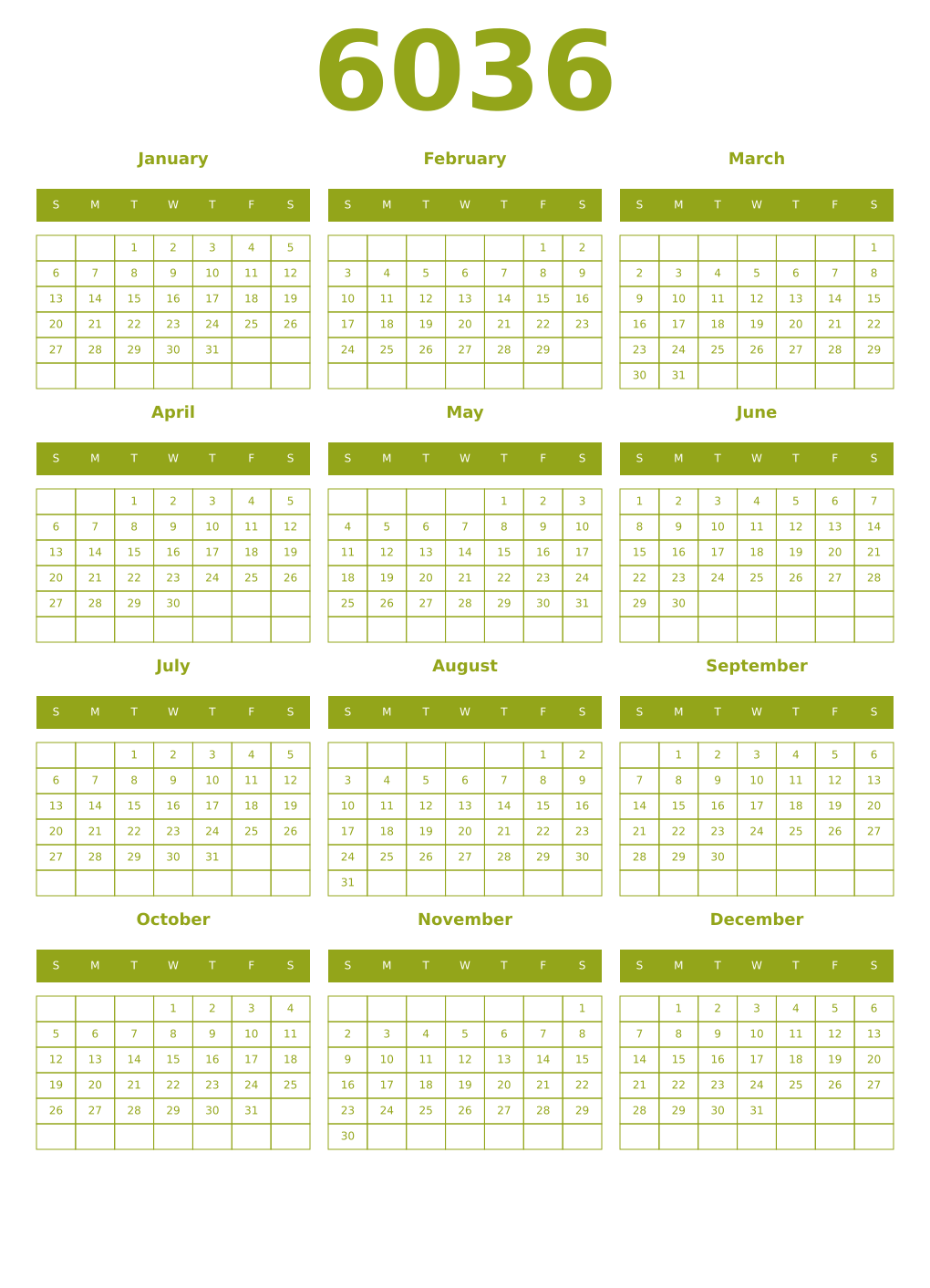 Printable 6036 Year Calendars chartreuse