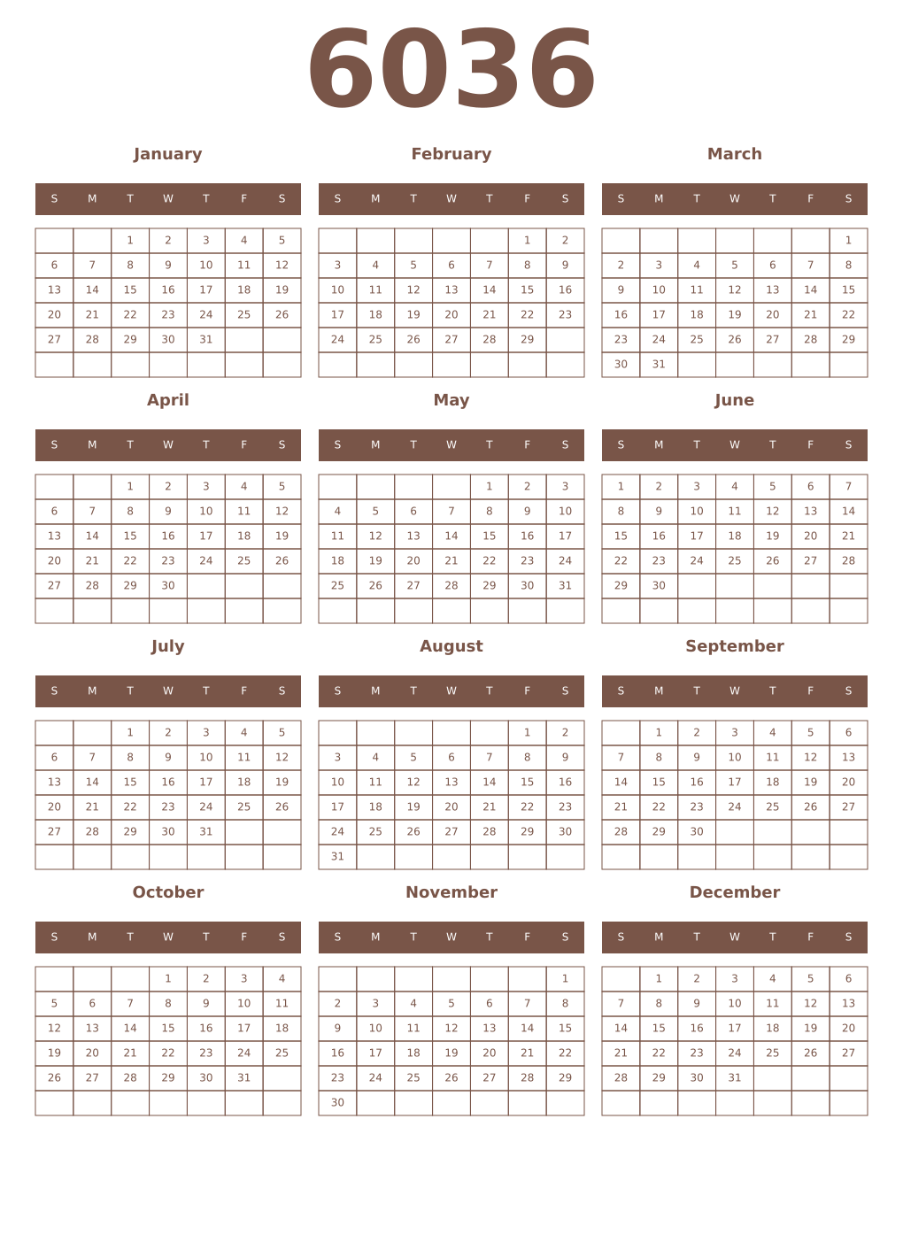 Printable 6036 Year Calendars coffe
