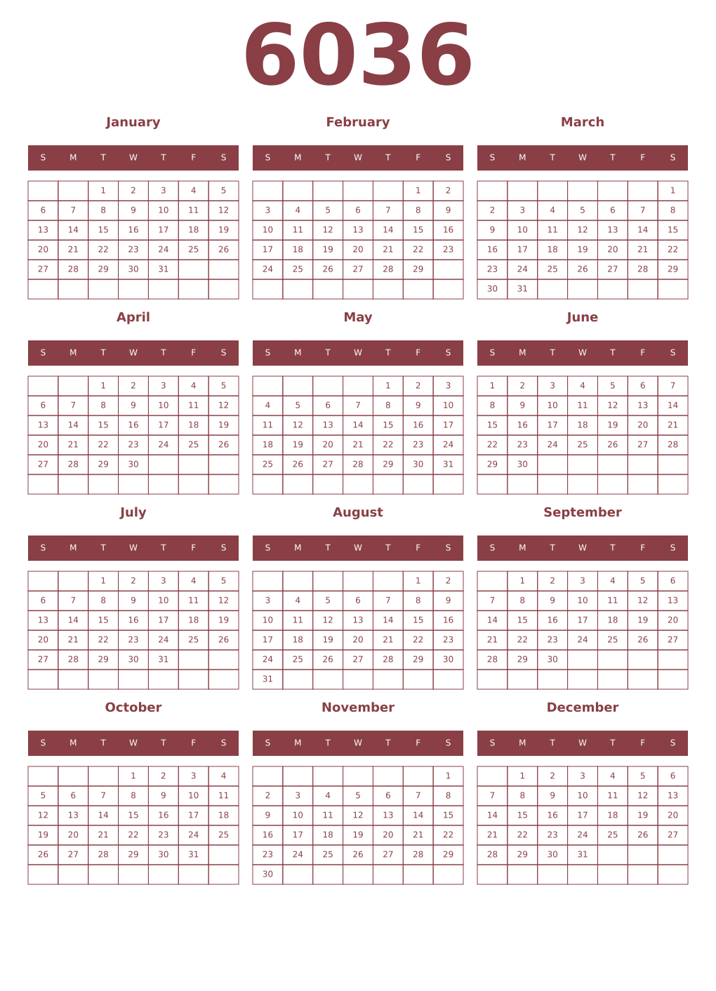 Printable 6036 Year Calendars cordovan