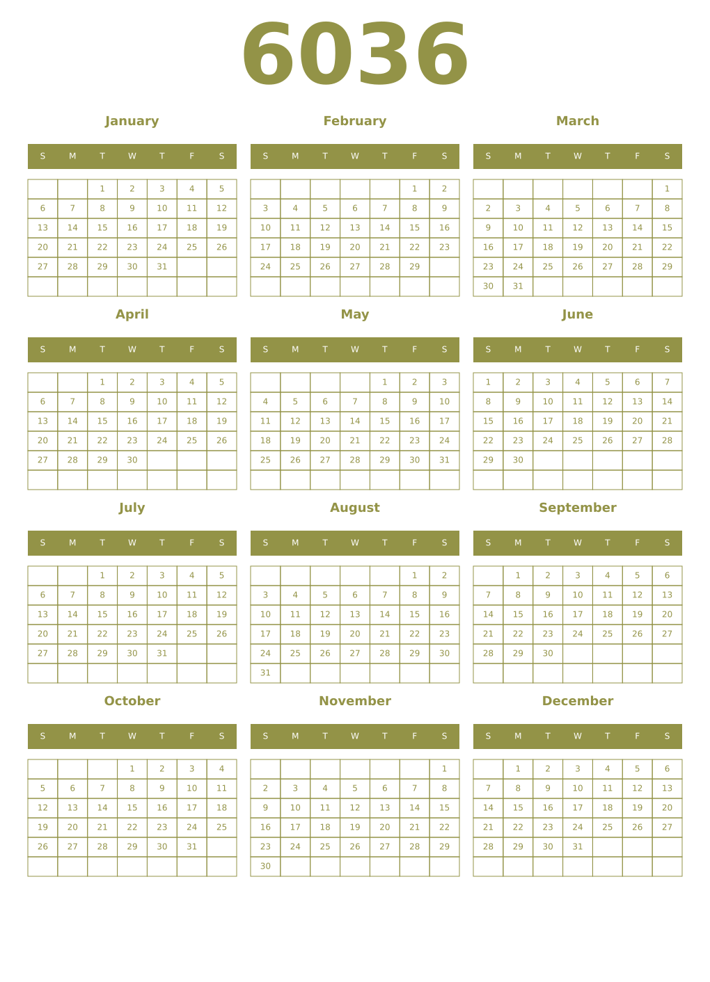 Printable 6036 Year Calendars eburnean