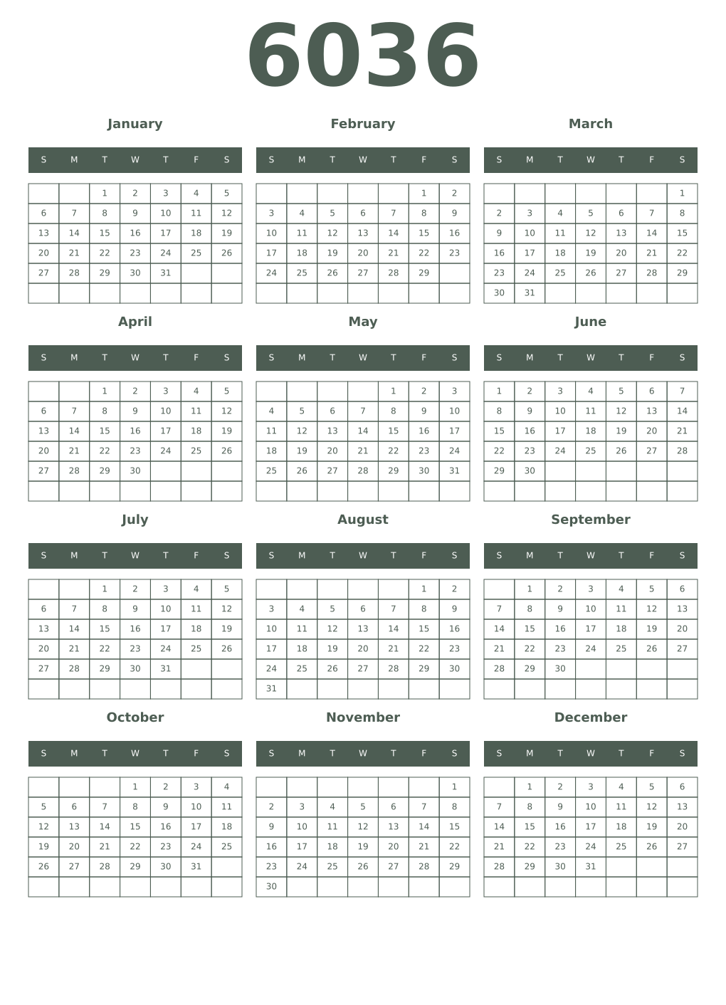 Printable 6036 Year Calendars feldgrau