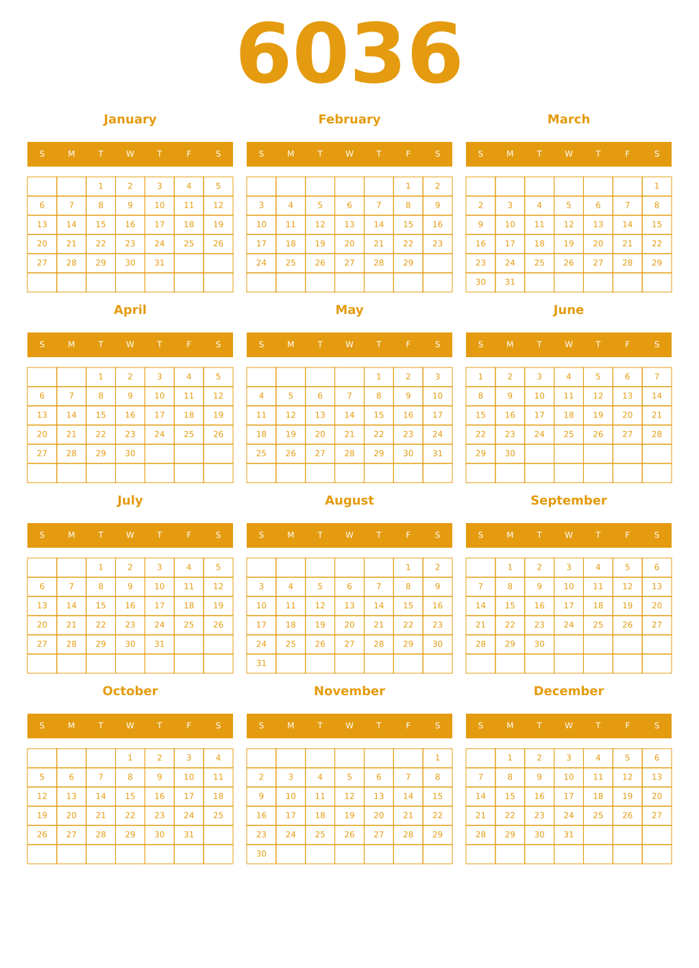 Printable 6036 Year Calendars gamboge