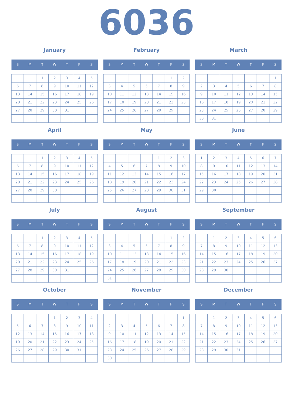 Printable 6036 Year Calendars glaucous