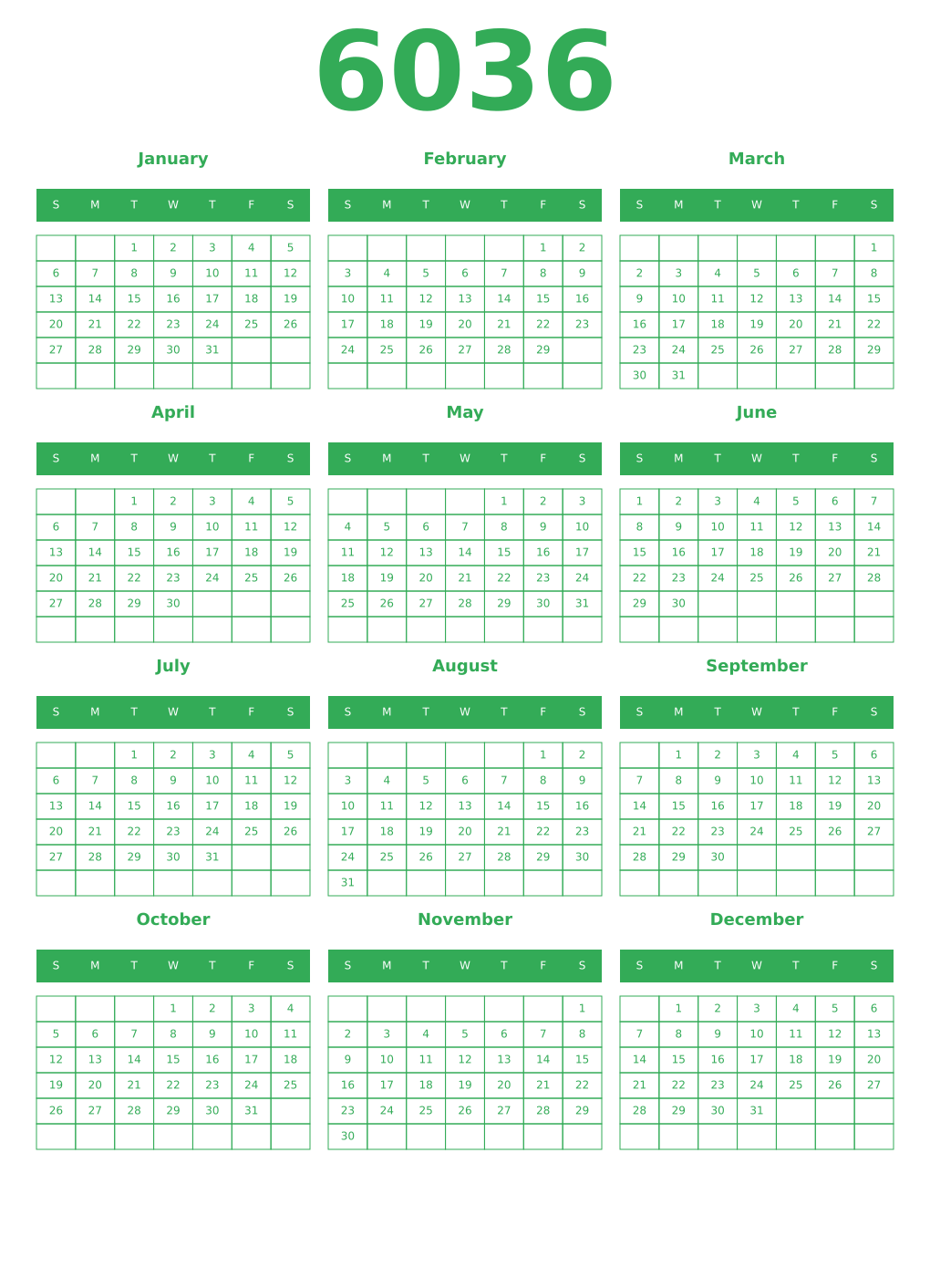 Printable 6036 Year Calendars green