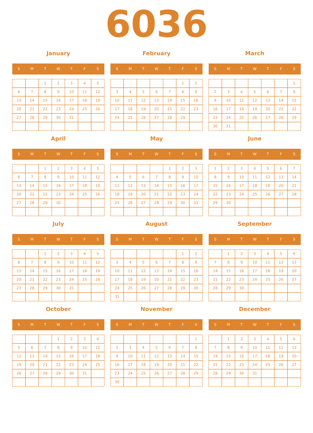 Printable 6036 Year Calendars orange