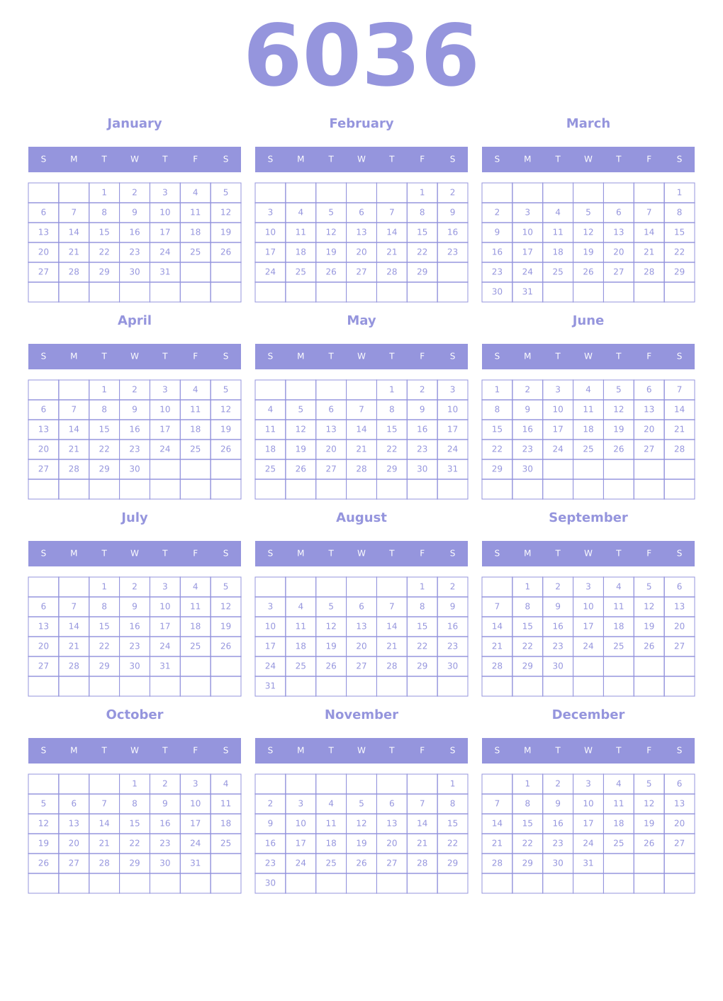 Printable 6036 Year Calendars periwinkle