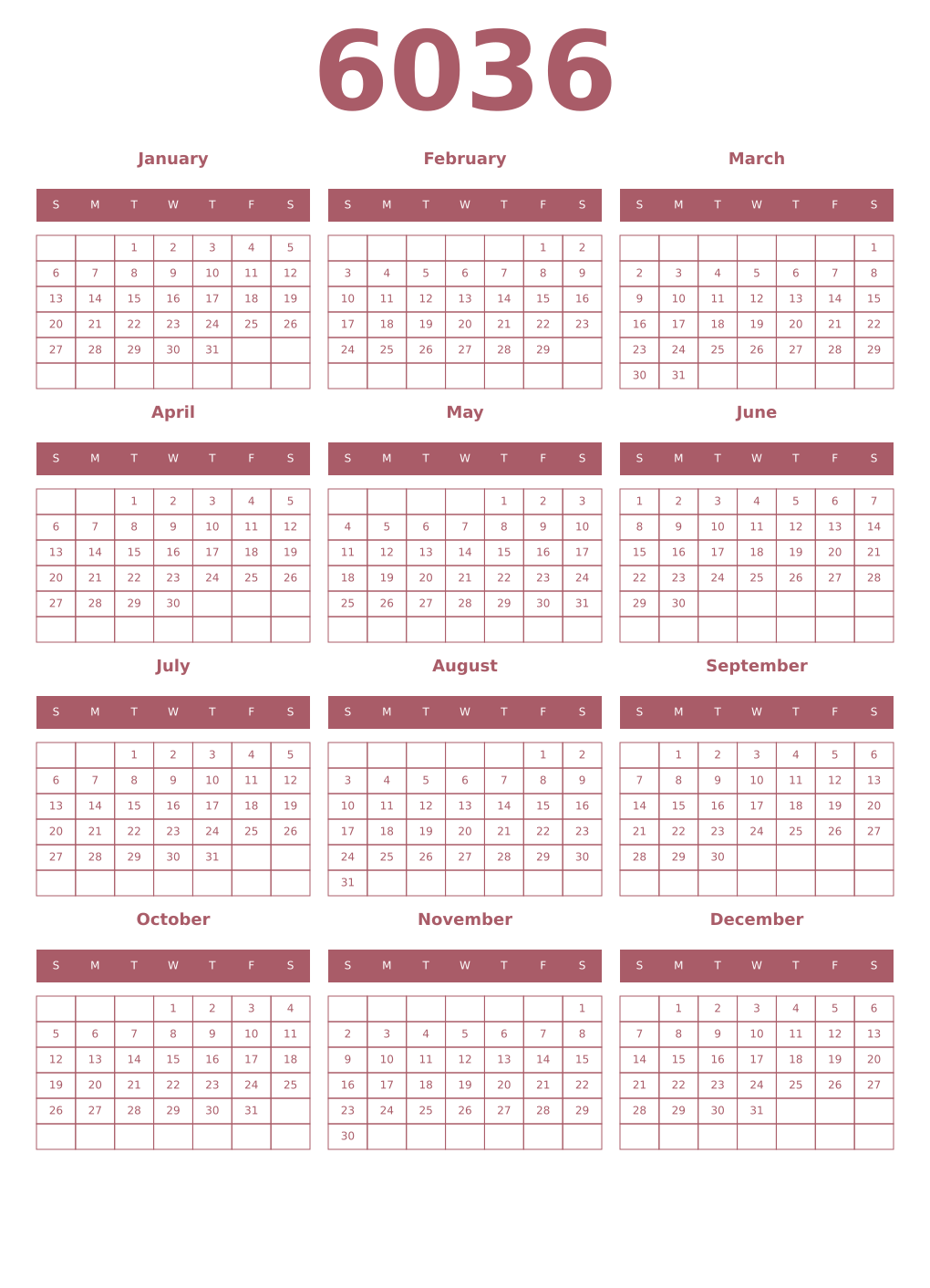 Printable 6036 Year Calendars puce