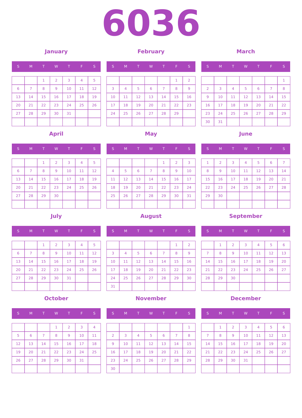 Printable 6036 Year Calendars purple