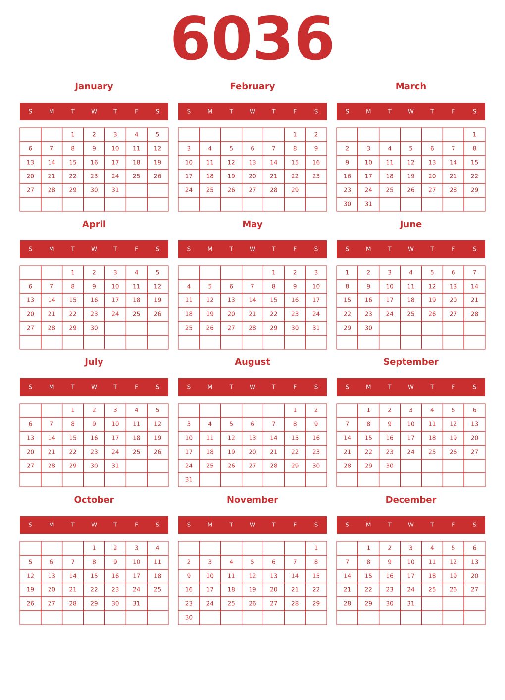 Printable 6036 Year Calendars red
