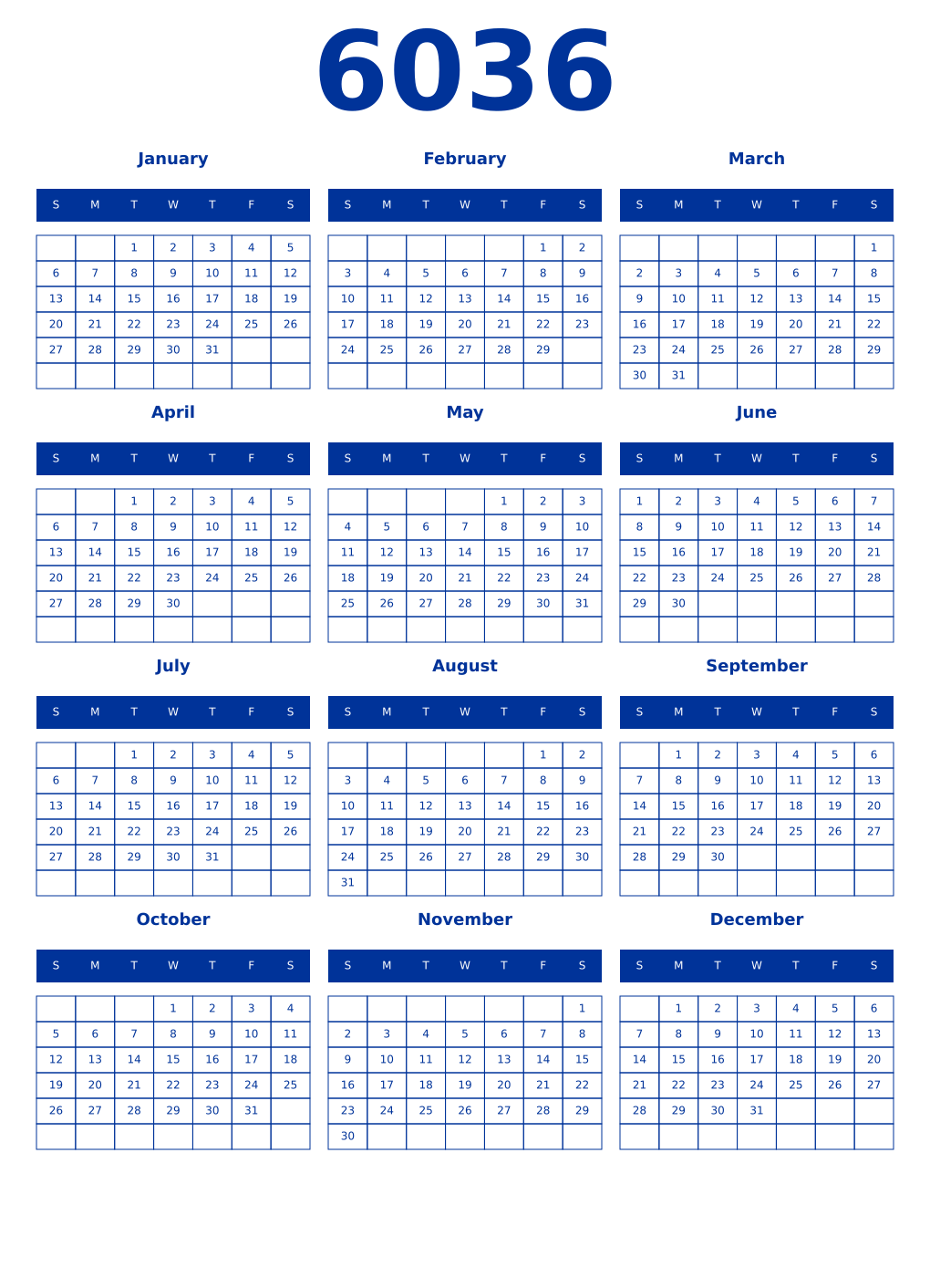 Printable 6036 Year Calendars smalt