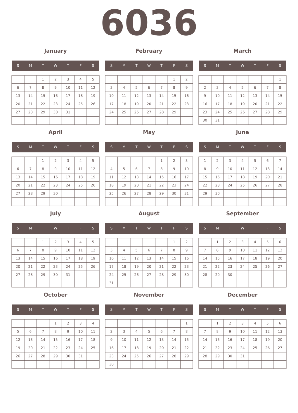 Printable 6036 Year Calendars wenge