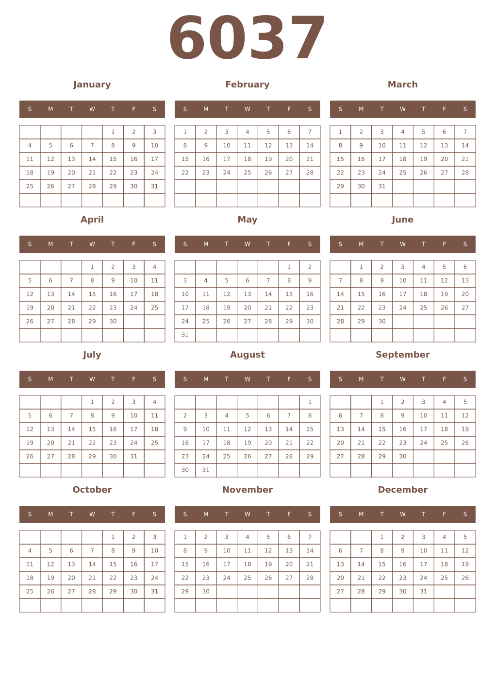 Printable 6037 Year Calendars coffe