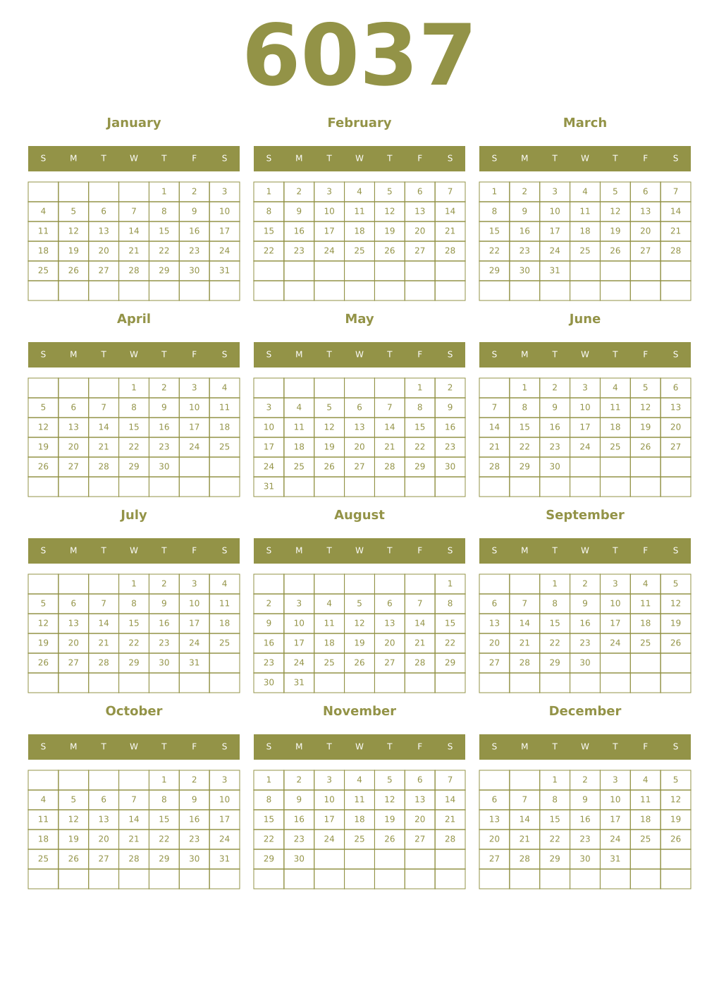 Printable 6037 Year Calendars eburnean
