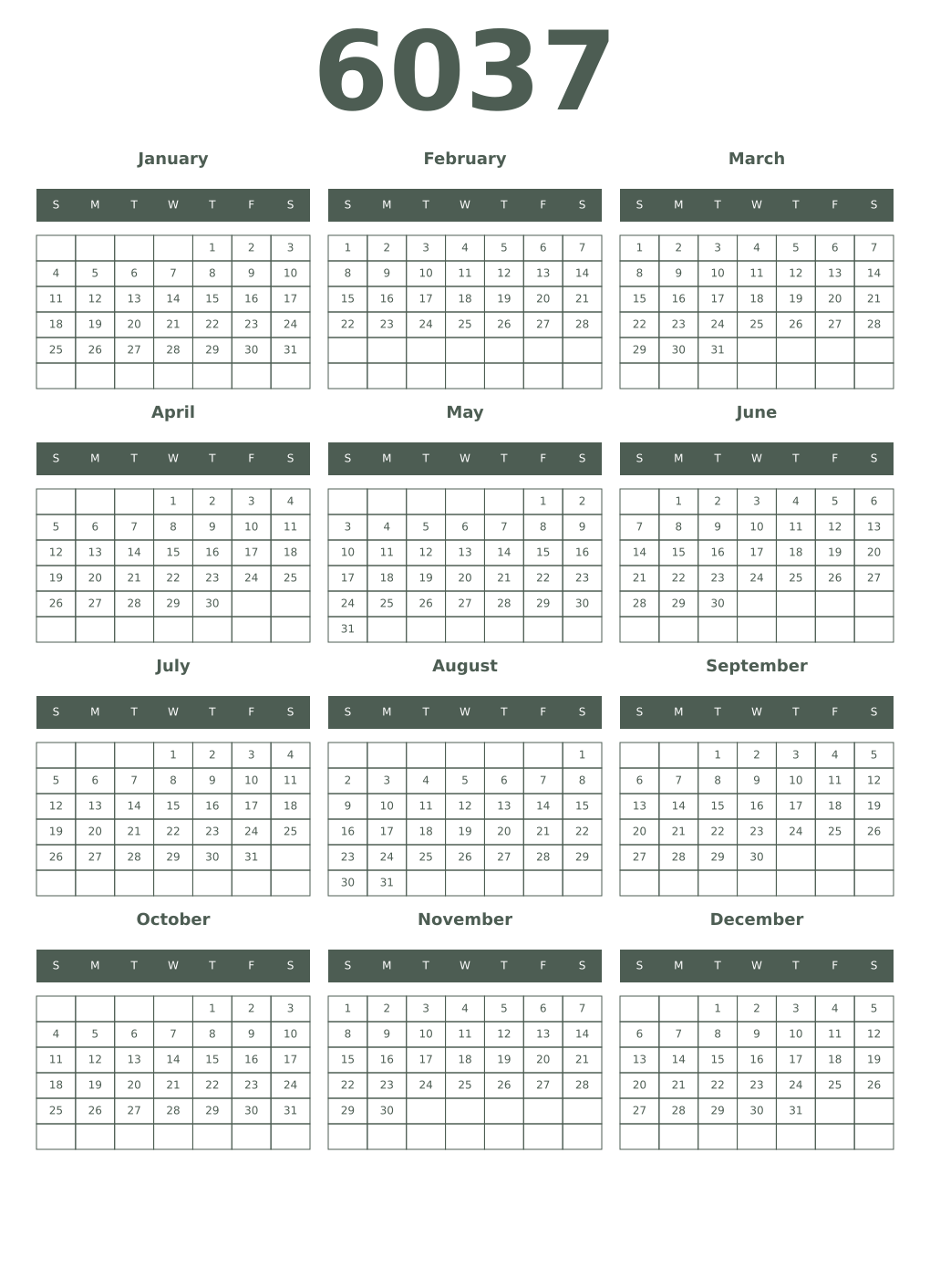 Printable 6037 Year Calendars feldgrau