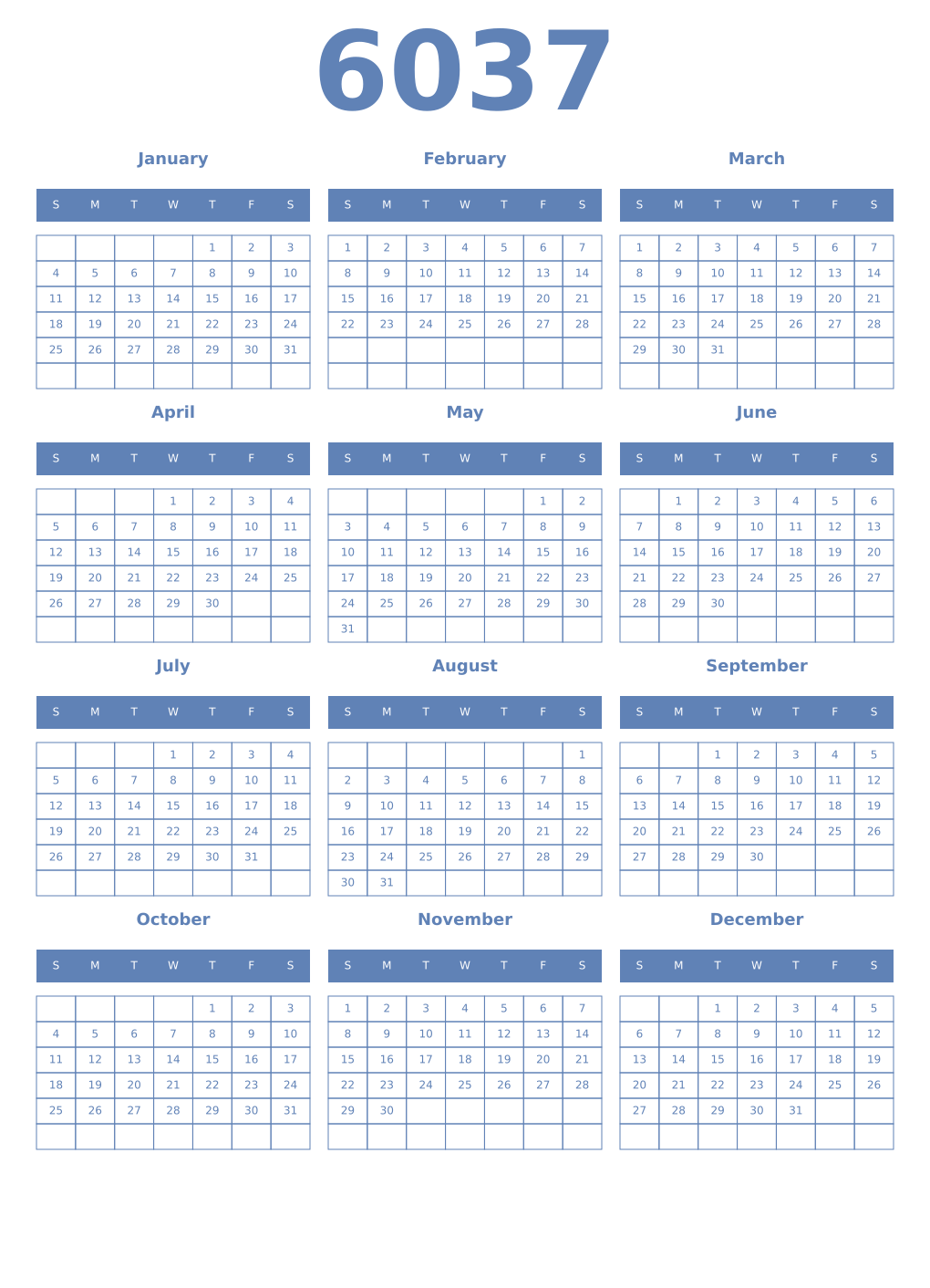 Printable 6037 Year Calendars glaucous