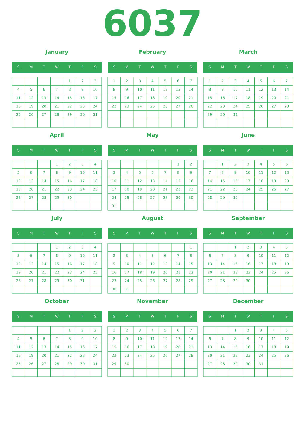 Printable 6037 Year Calendars green