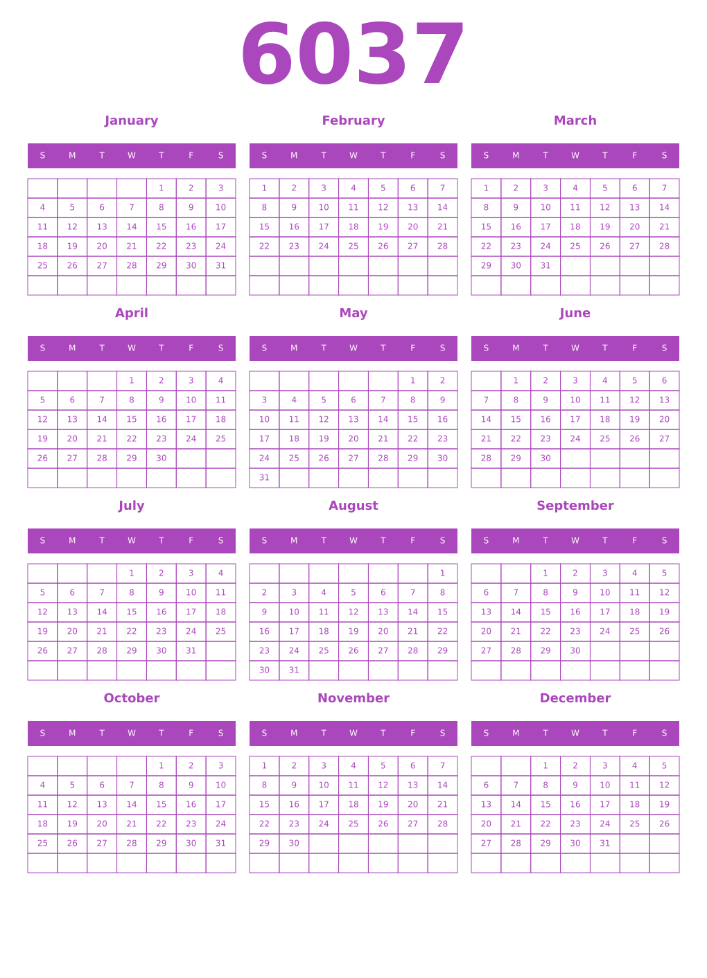 Printable 6037 Year Calendars purple