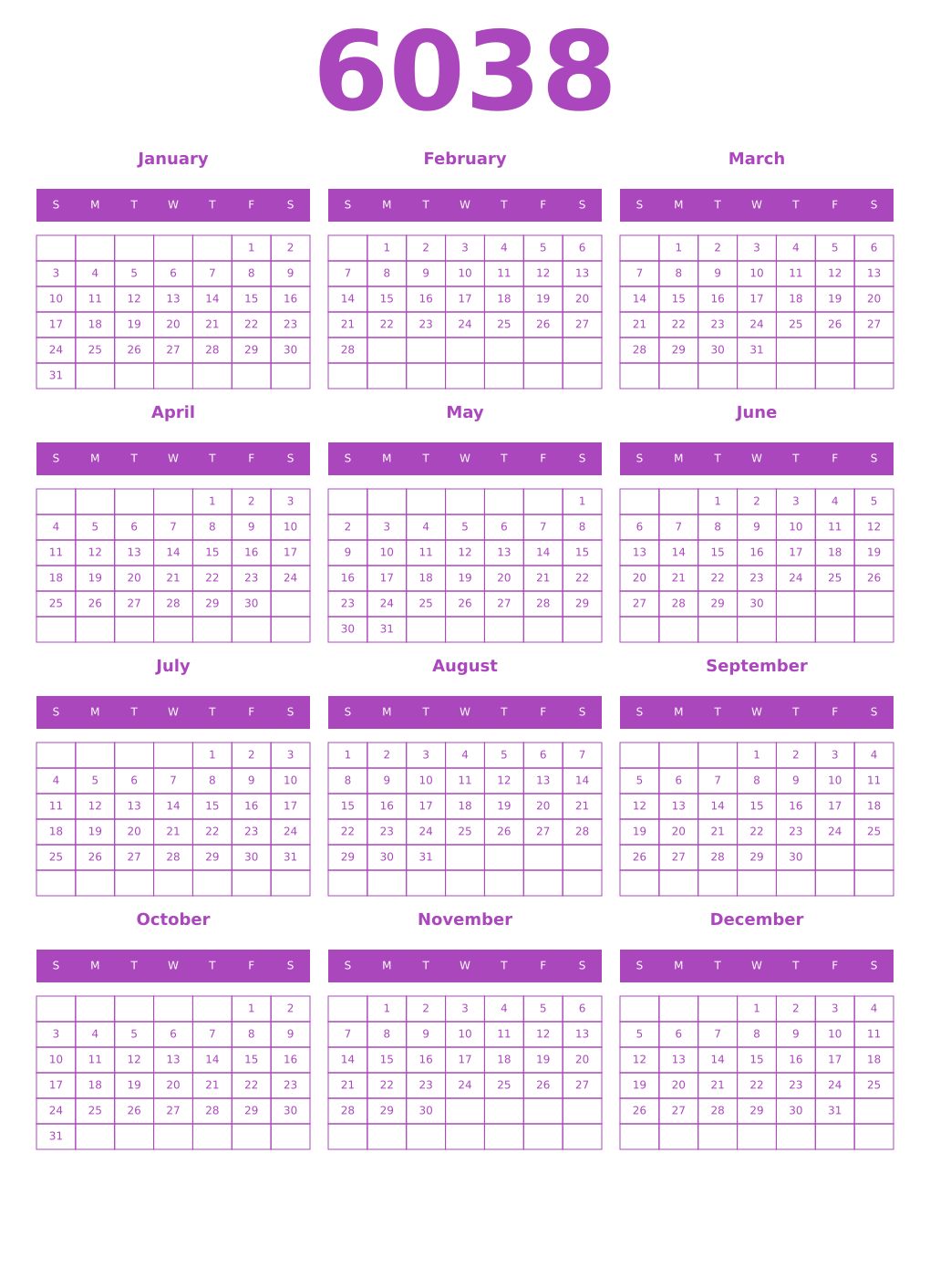 Printable 6038 Calendars