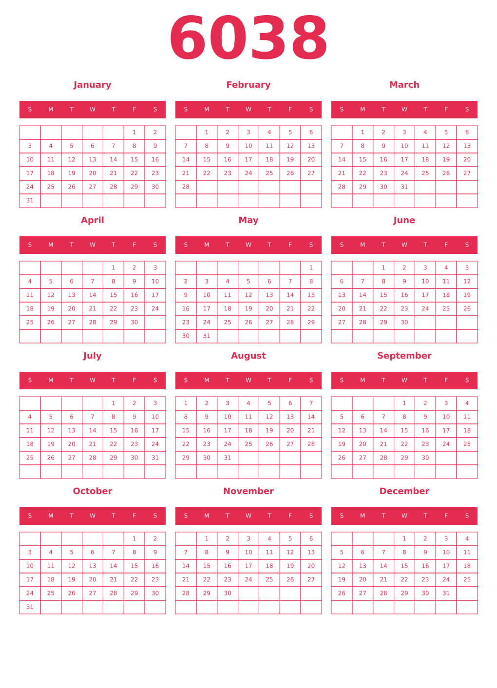 Printable 6038 Year Calendars amaranth